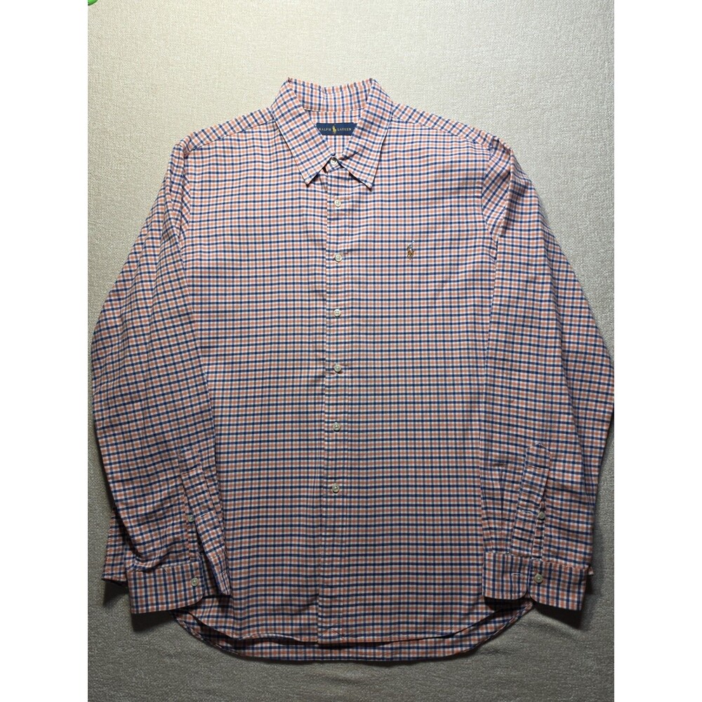 Ralph Lauren Men's Shirt XXL Plaid Long Sleeve Casual Orange & Blue Gator Colors